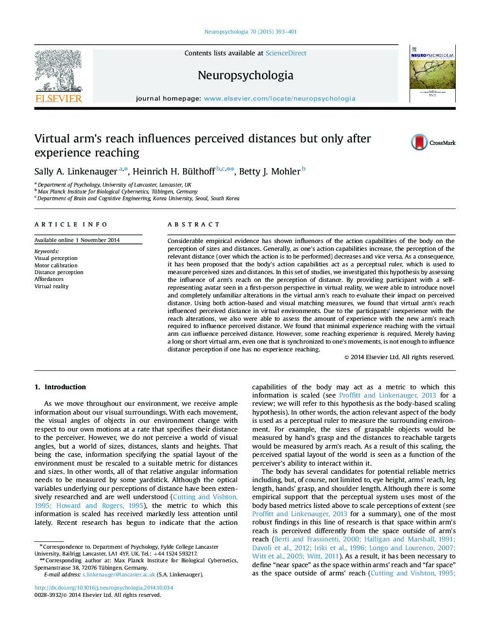 Virtual arm×³s reach influences perceived distances but only after experience reaching