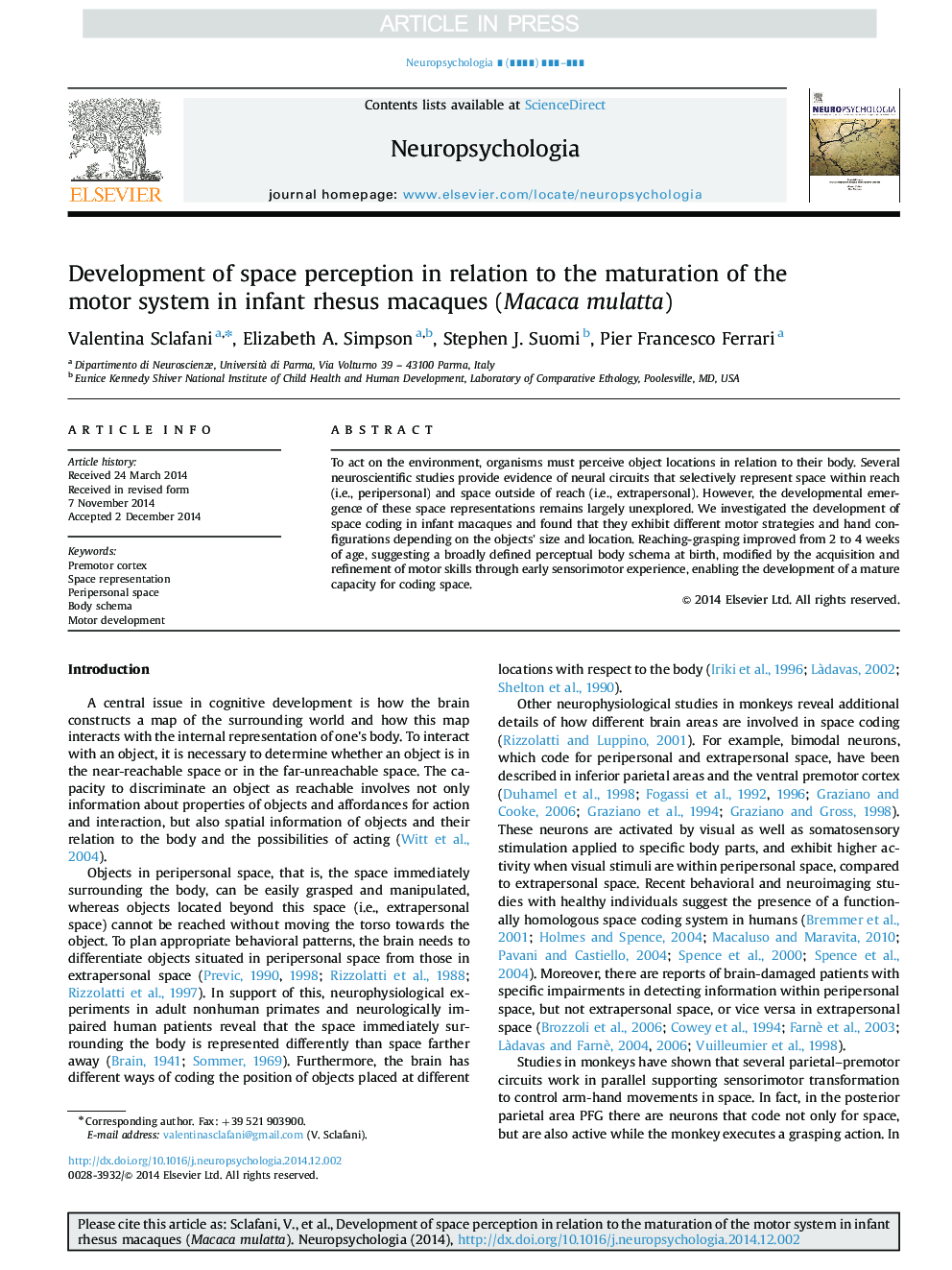 Development of space perception in relation to the maturation of the motor system in infant rhesus macaques (Macaca mulatta)