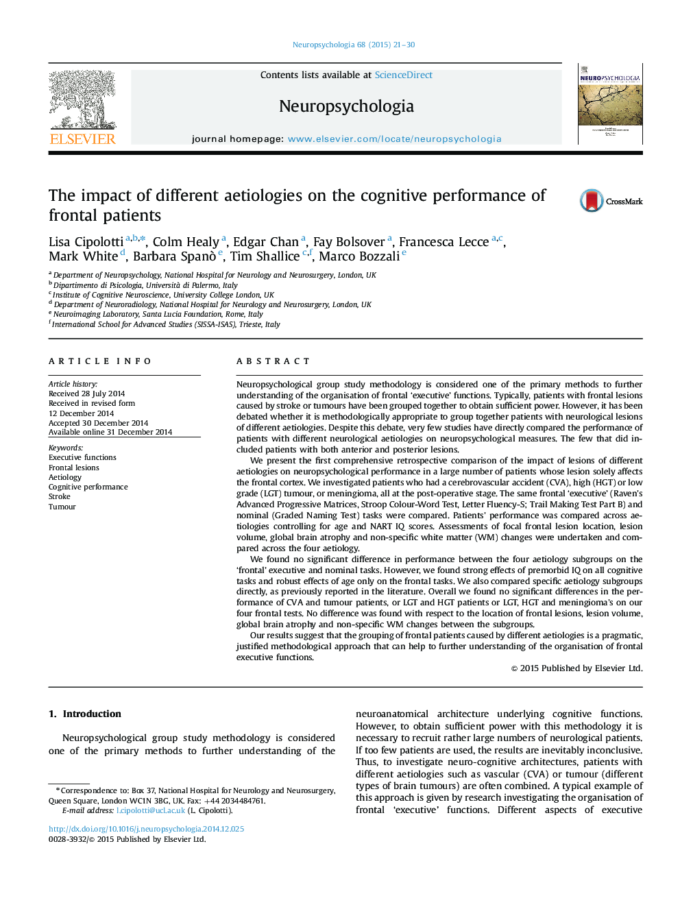 The impact of different aetiologies on the cognitive performance of frontal patients