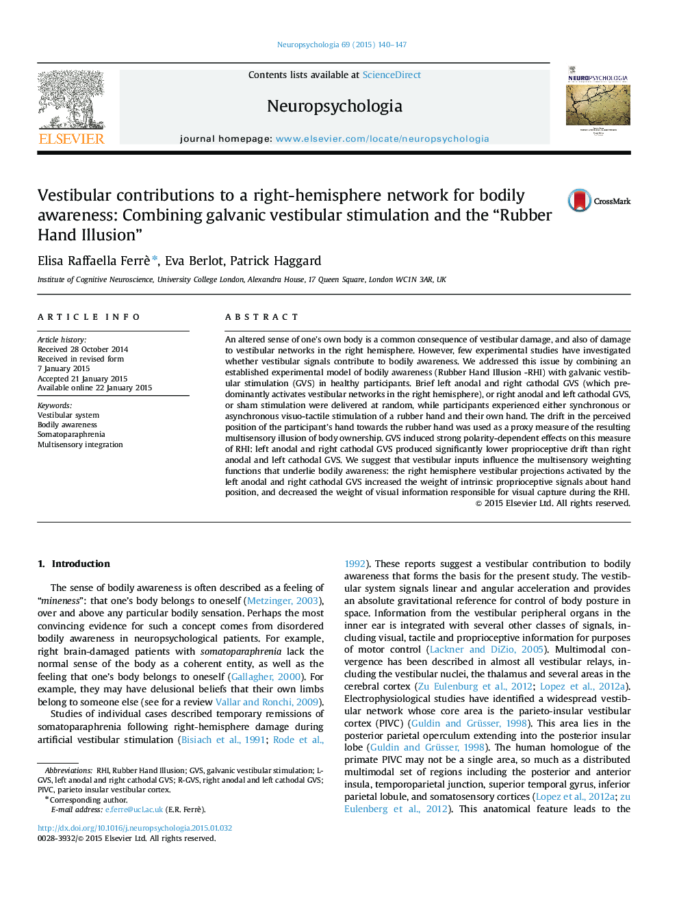 Vestibular contributions to a right-hemisphere network for bodily awareness: Combining galvanic vestibular stimulation and the “Rubber Hand Illusion”