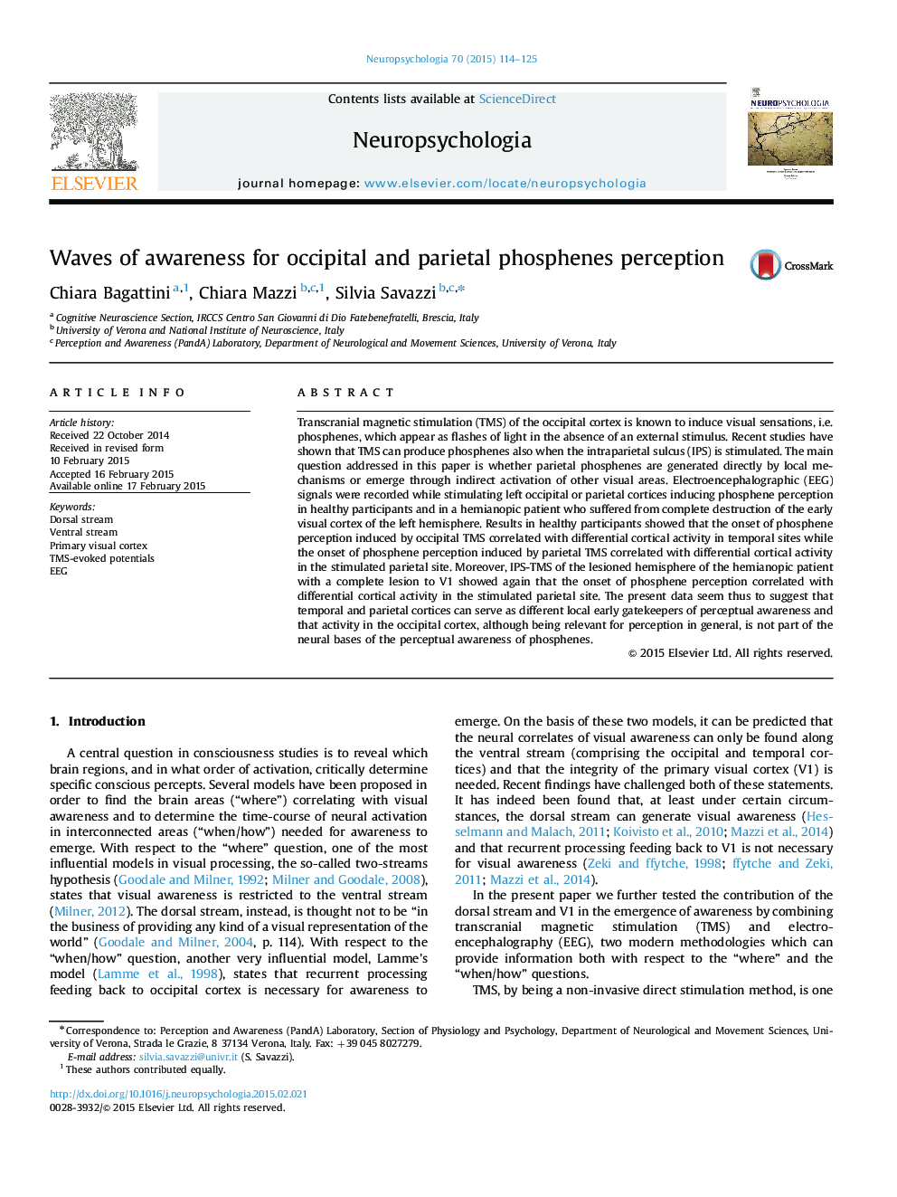 Waves of awareness for occipital and parietal phosphenes perception