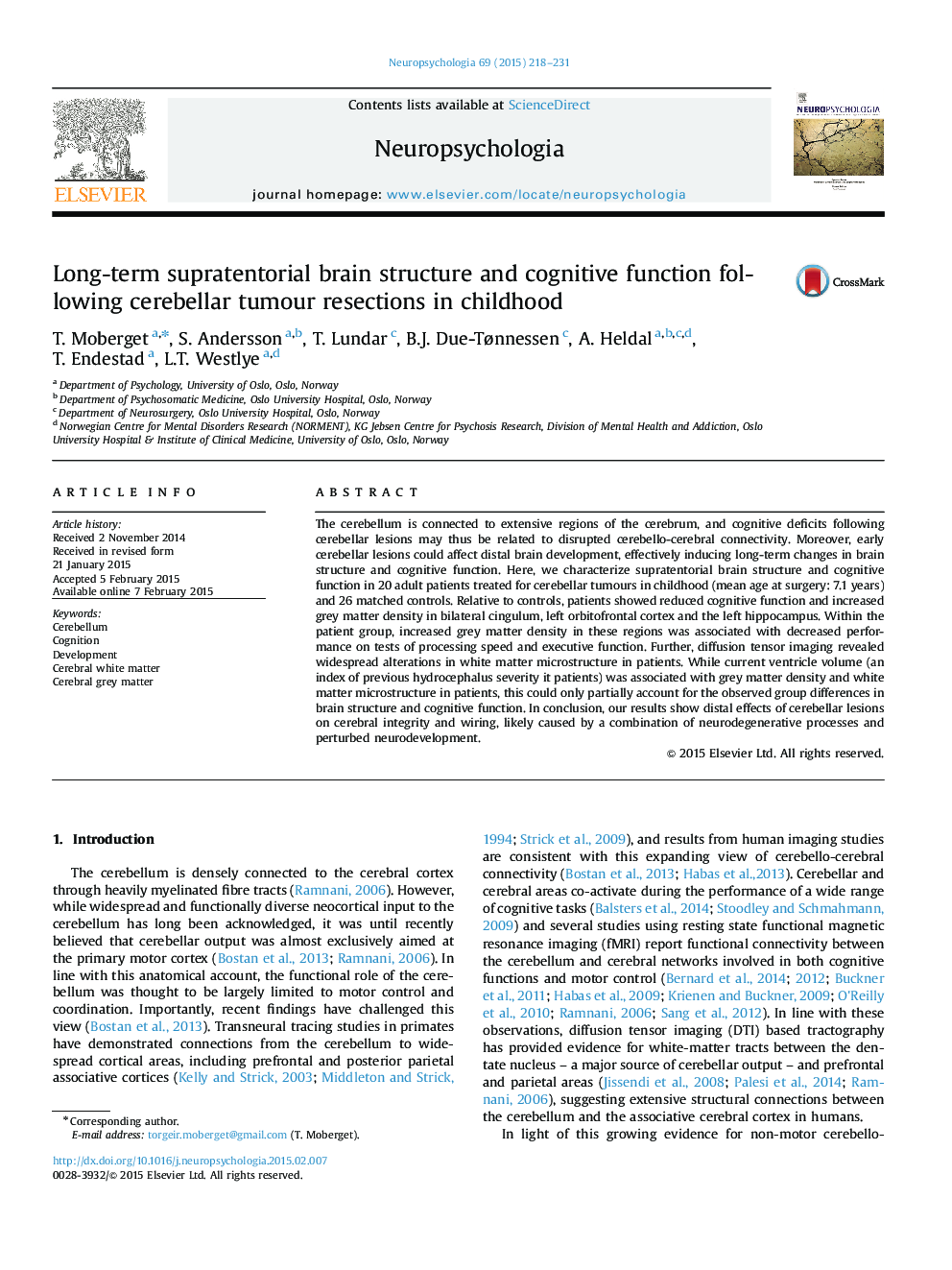 Long-term supratentorial brain structure and cognitive function following cerebellar tumour resections in childhood