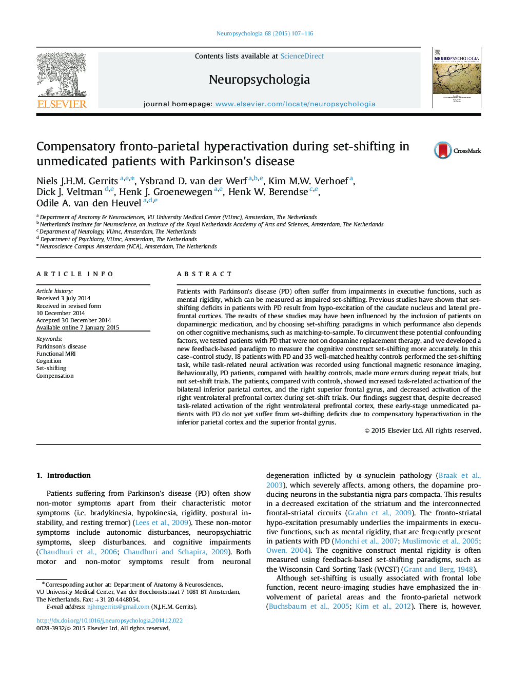 Compensatory fronto-parietal hyperactivation during set-shifting in unmedicated patients with Parkinson's disease