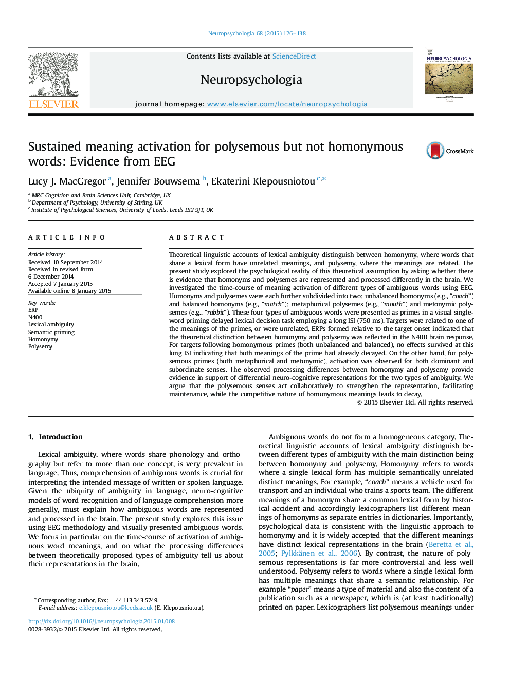 Sustained meaning activation for polysemous but not homonymous words: Evidence from EEG