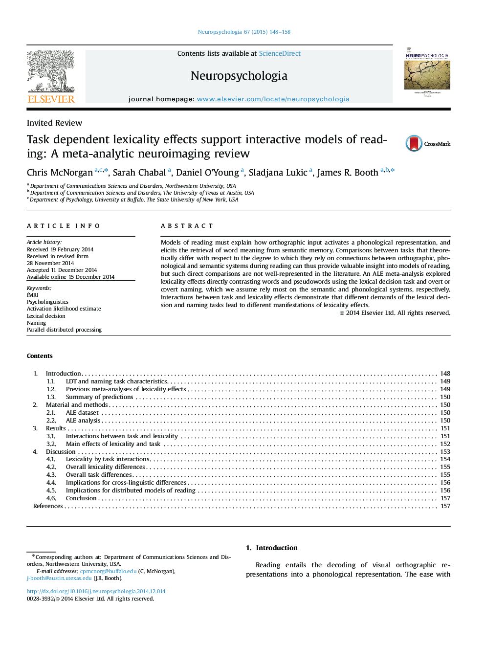 Task dependent lexicality effects support interactive models of reading: A meta-analytic neuroimaging review