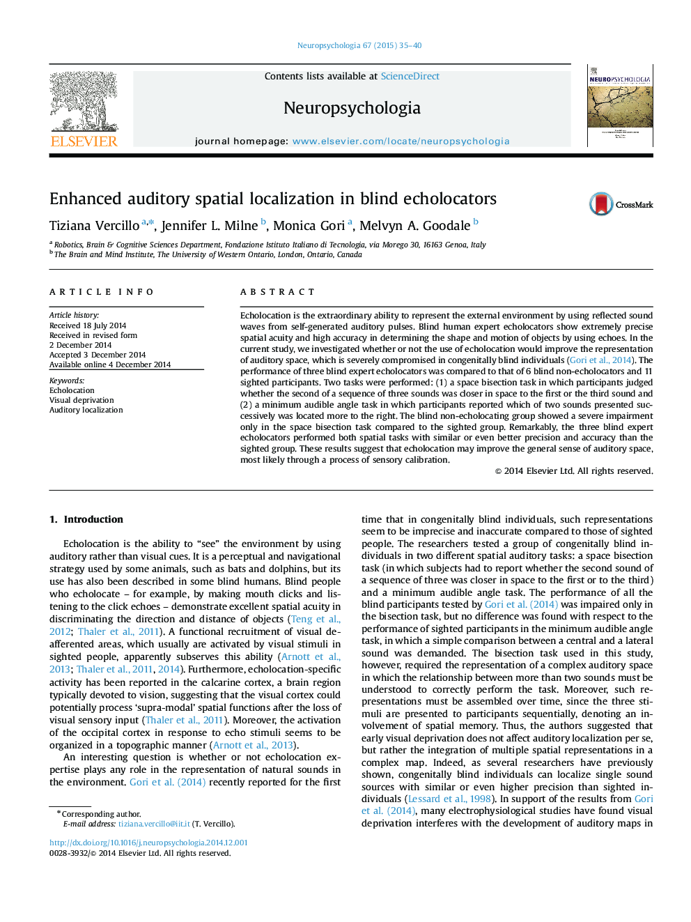 Enhanced auditory spatial localization in blind echolocators