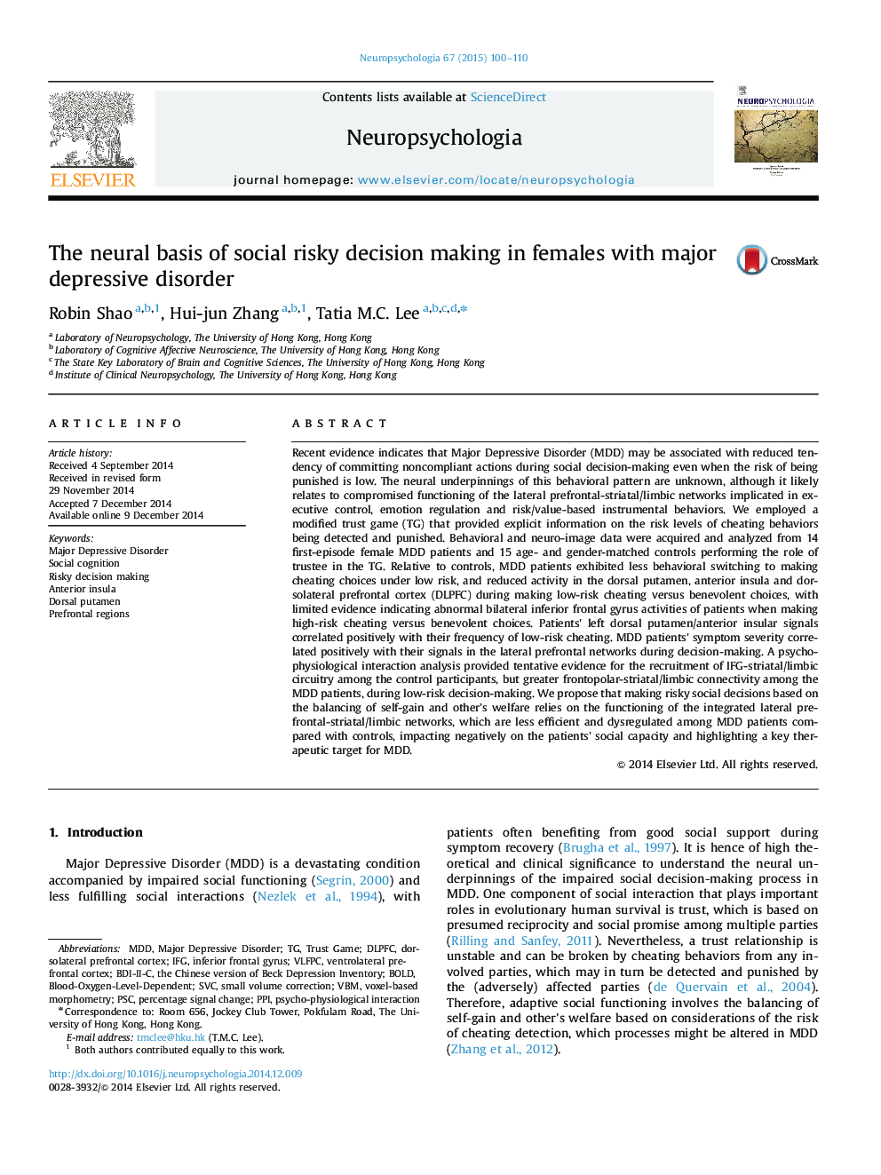 The neural basis of social risky decision making in females with major depressive disorder