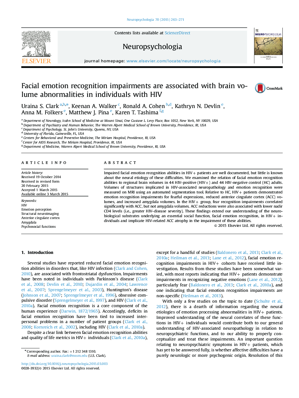 Facial emotion recognition impairments are associated with brain volume abnormalities in individuals with HIV