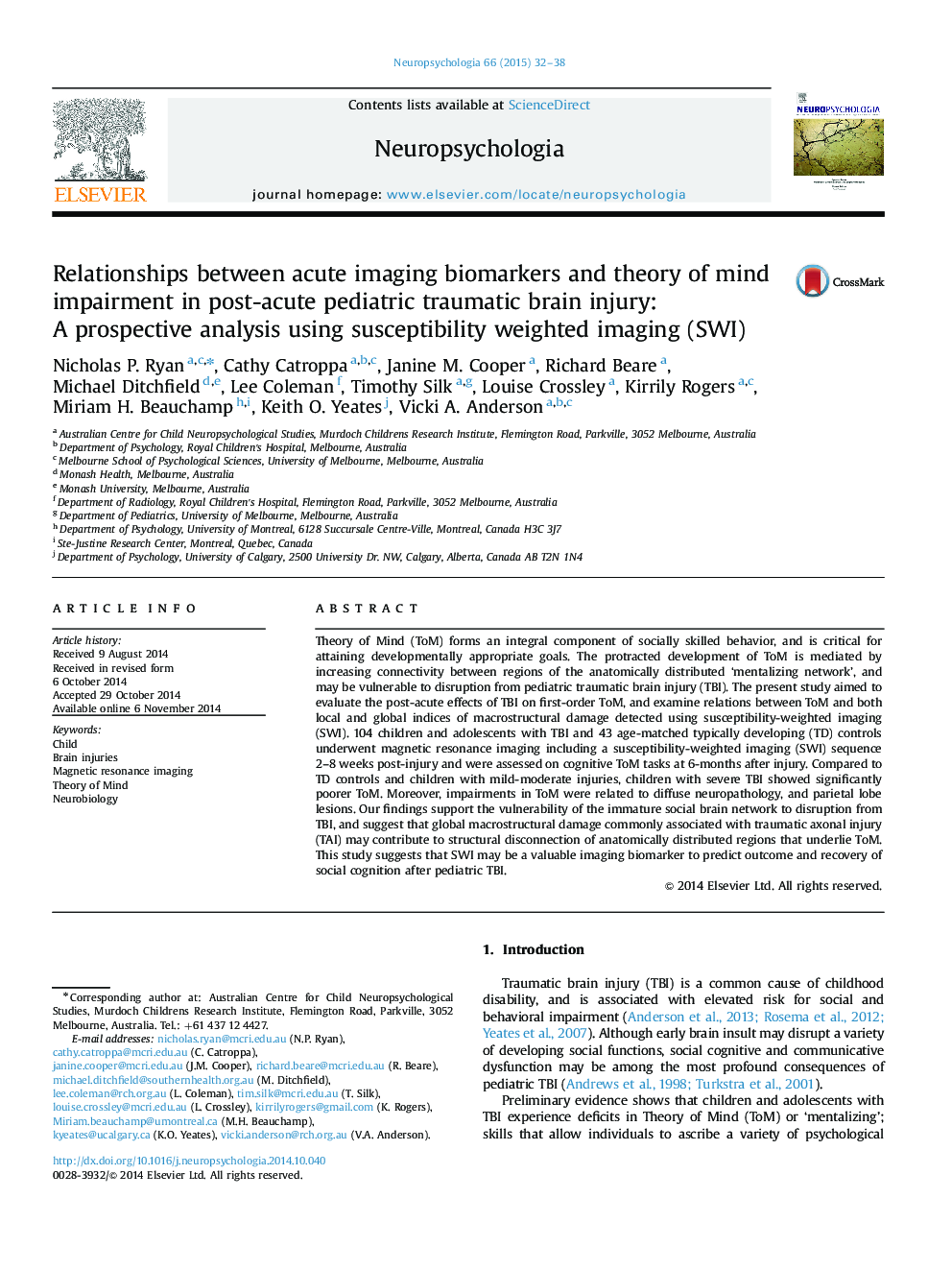 Relationships between acute imaging biomarkers and theory of mind impairment in post-acute pediatric traumatic brain injury: A prospective analysis using susceptibility weighted imaging (SWI)