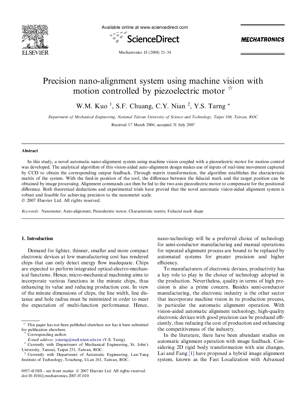 عکس صفحه اول مقاله: Precision nano-alignment system using machine vision with motion controlled by piezoelectric motor Precision nano-alignment system using machine vision with motion controlled by piezoelectric motor