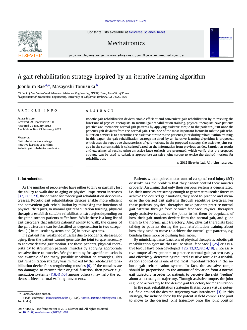 عکس صفحه اول مقاله: A gait rehabilitation strategy inspired by an iterative learning algorithm A gait rehabilitation strategy inspired by an iterative learning algorithm
