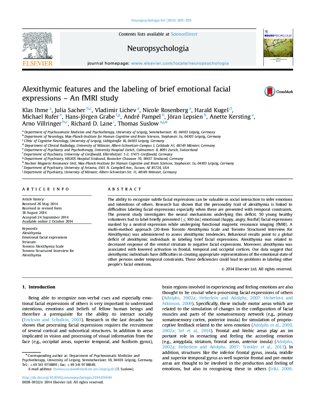 Alexithymic features and the labeling of brief emotional facial expressions - An fMRI study