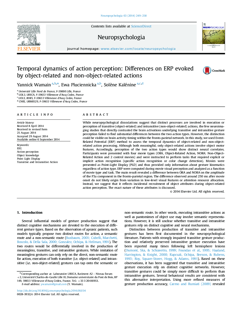 Temporal dynamics of action perception: Differences on ERP evoked by object-related and non-object-related actions