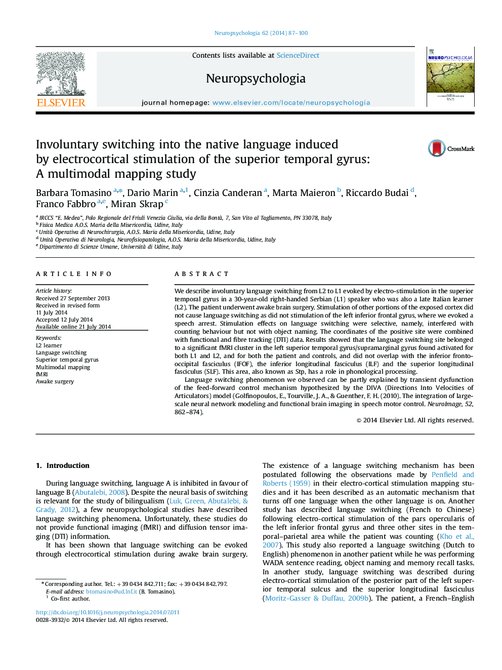 Involuntary switching into the native language induced by electrocortical stimulation of the superior temporal gyrus: A multimodal mapping study
