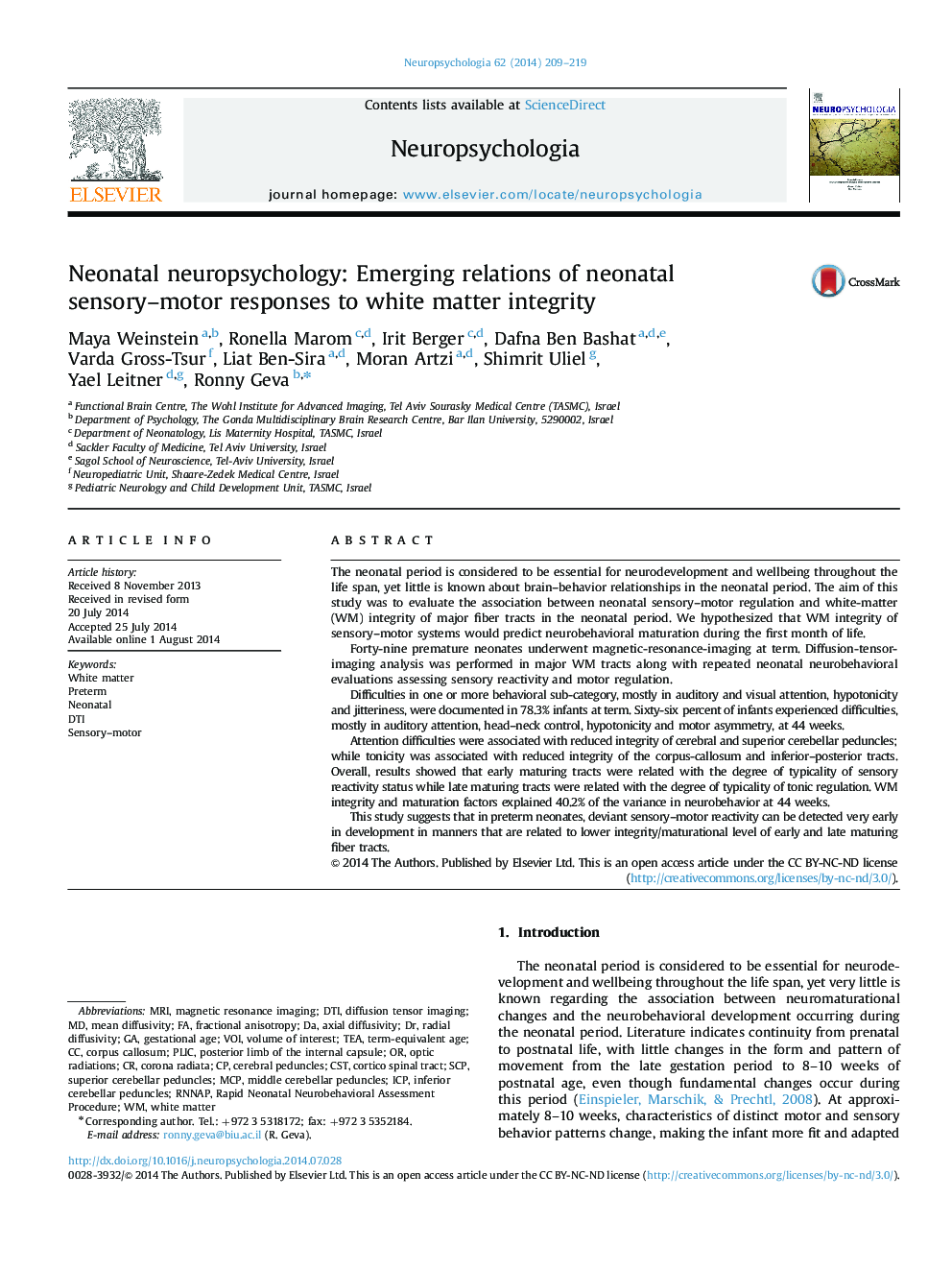 Neonatal neuropsychology: Emerging relations of neonatal sensory-motor responses to white matter integrity