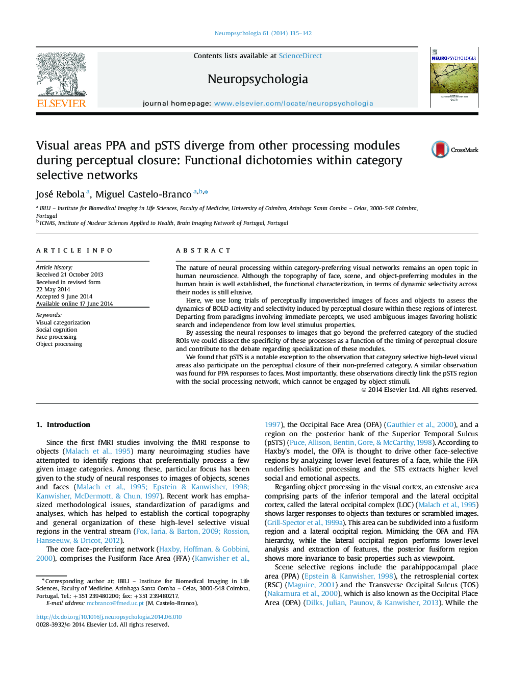 Visual areas PPA and pSTS diverge from other processing modules during perceptual closure: Functional dichotomies within category selective networks