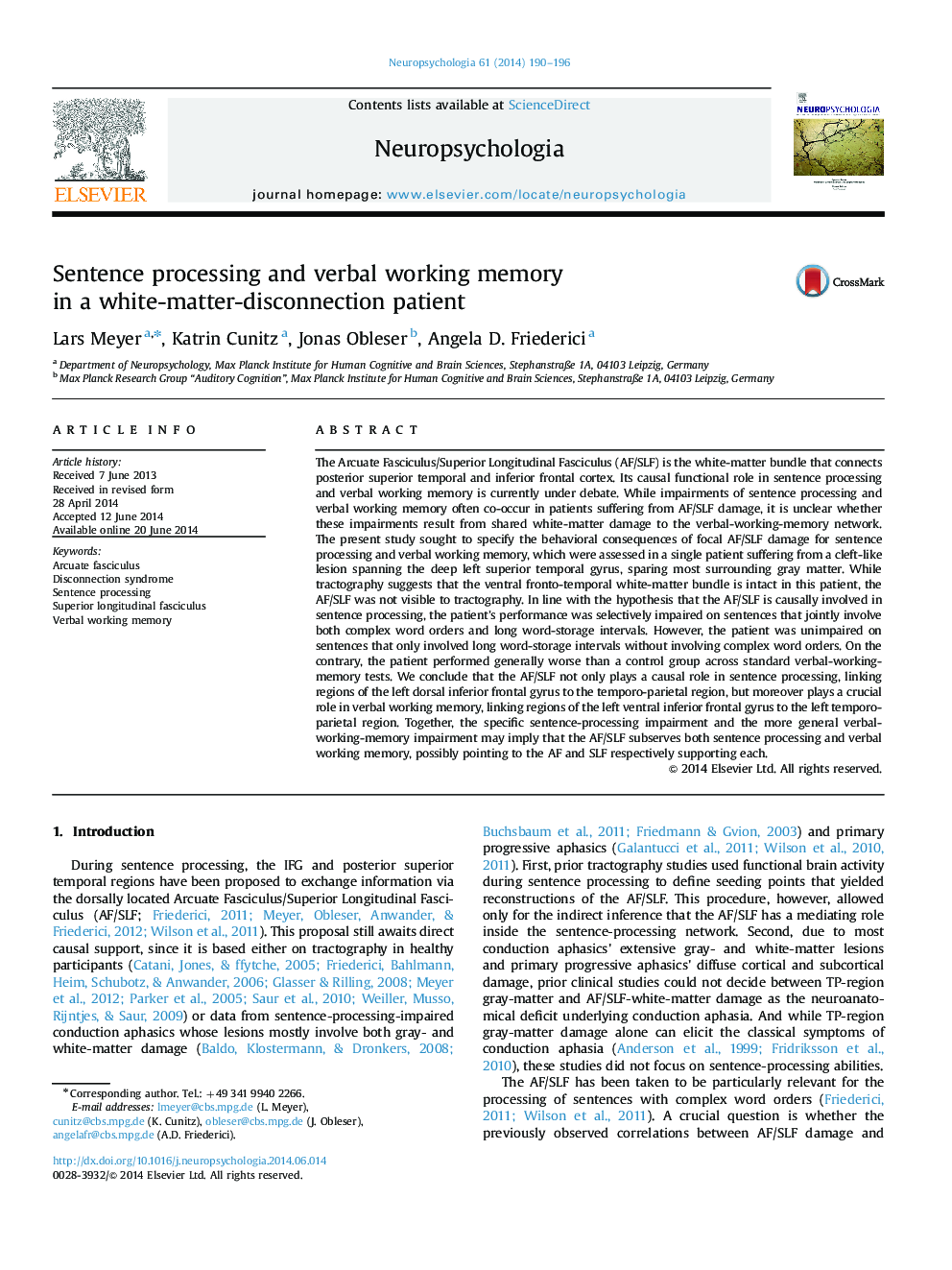 Sentence processing and verbal working memory in a white-matter-disconnection patient