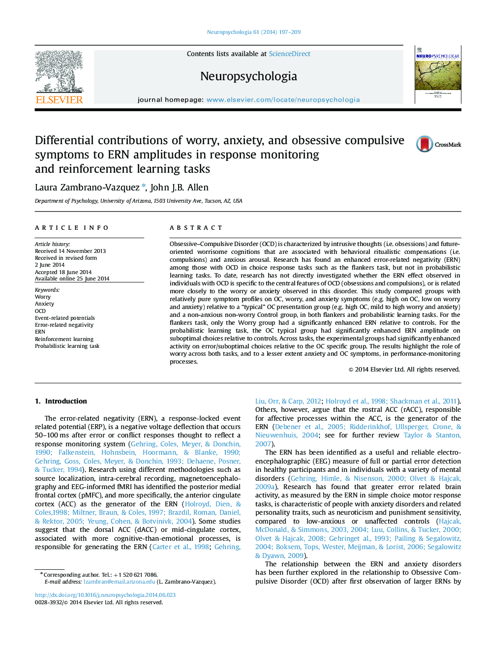 Differential contributions of worry, anxiety, and obsessive compulsive symptoms to ERN amplitudes in response monitoring and reinforcement learning tasks