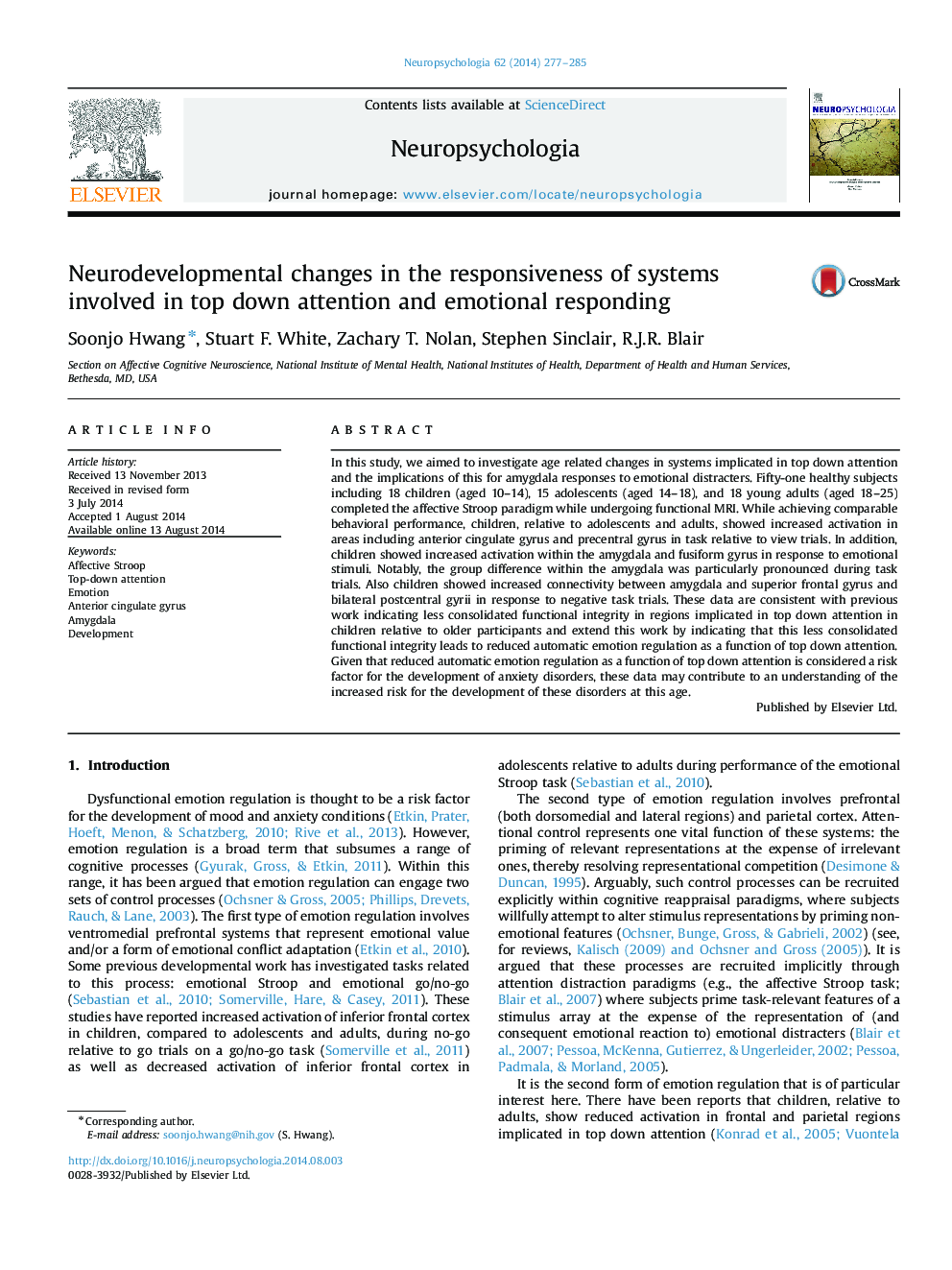 Neurodevelopmental changes in the responsiveness of systems involved in top down attention and emotional responding