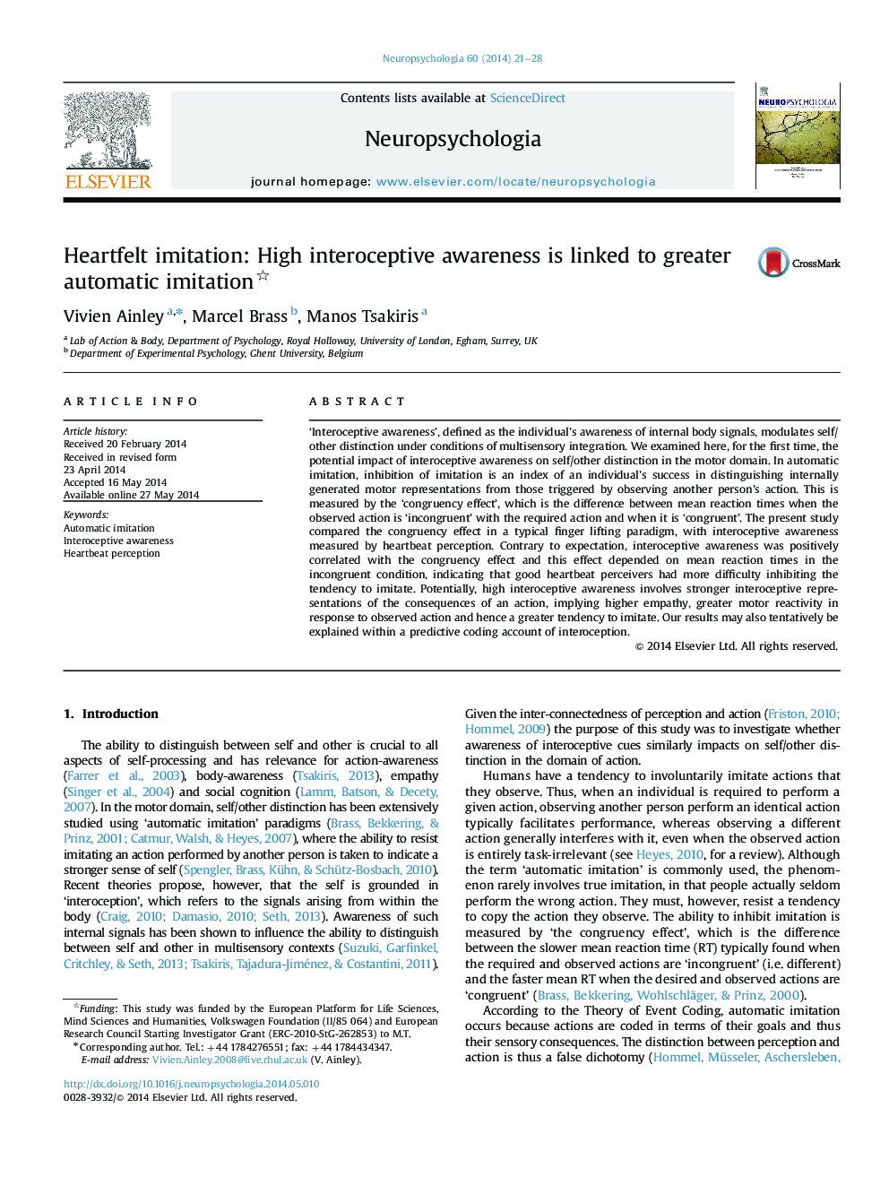 Heartfelt imitation: High interoceptive awareness is linked to greater automatic imitation