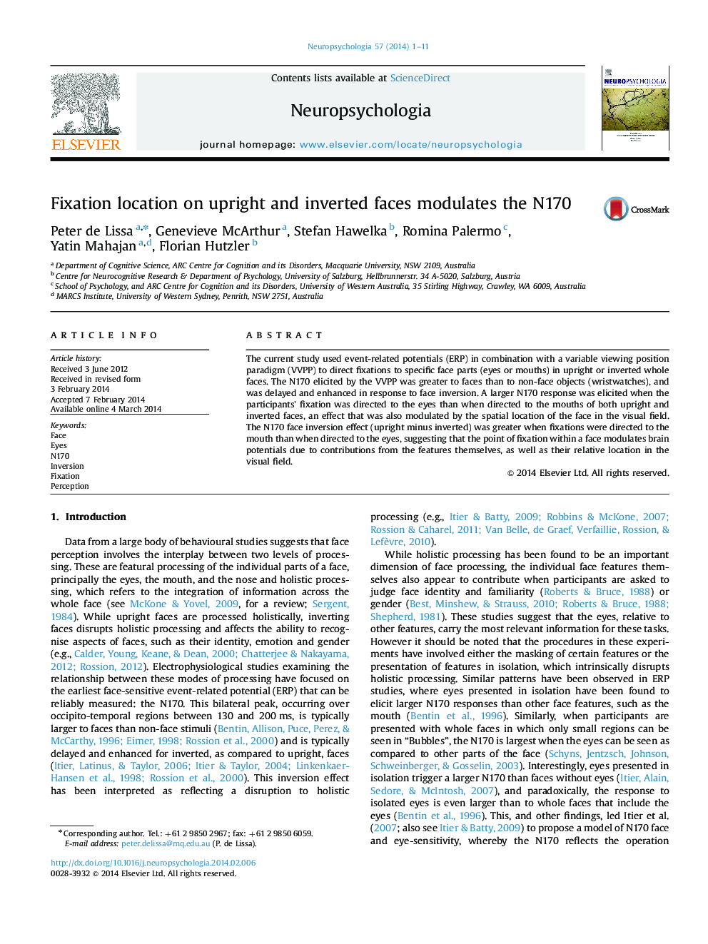 Fixation location on upright and inverted faces modulates the N170