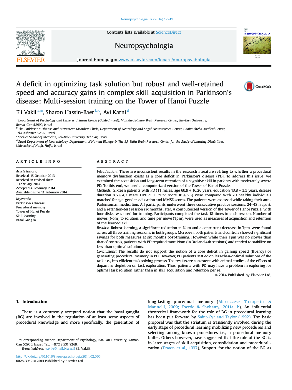 A deficit in optimizing task solution but robust and well-retained speed and accuracy gains in complex skill acquisition in Parkinson×³s disease: Multi-session training on the Tower of Hanoi Puzzle