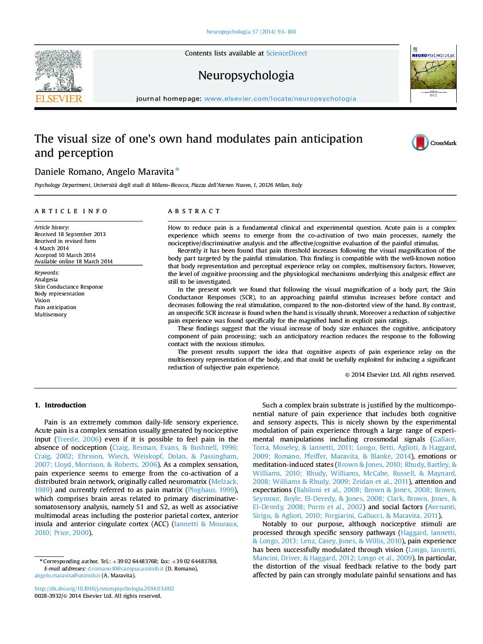 The visual size of one×³s own hand modulates pain anticipation and perception