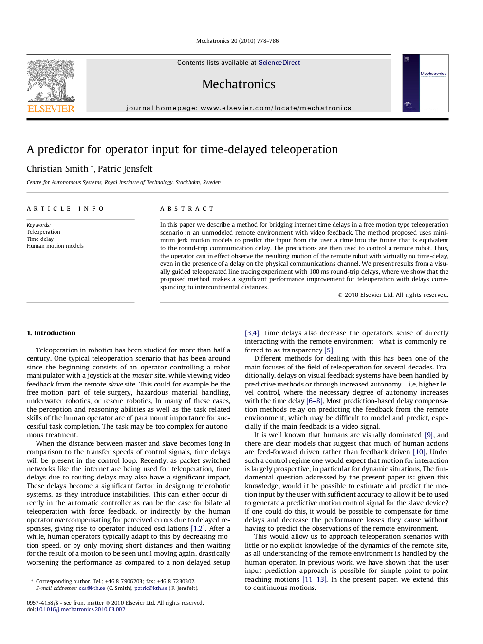 A predictor for operator input for time-delayed teleoperation