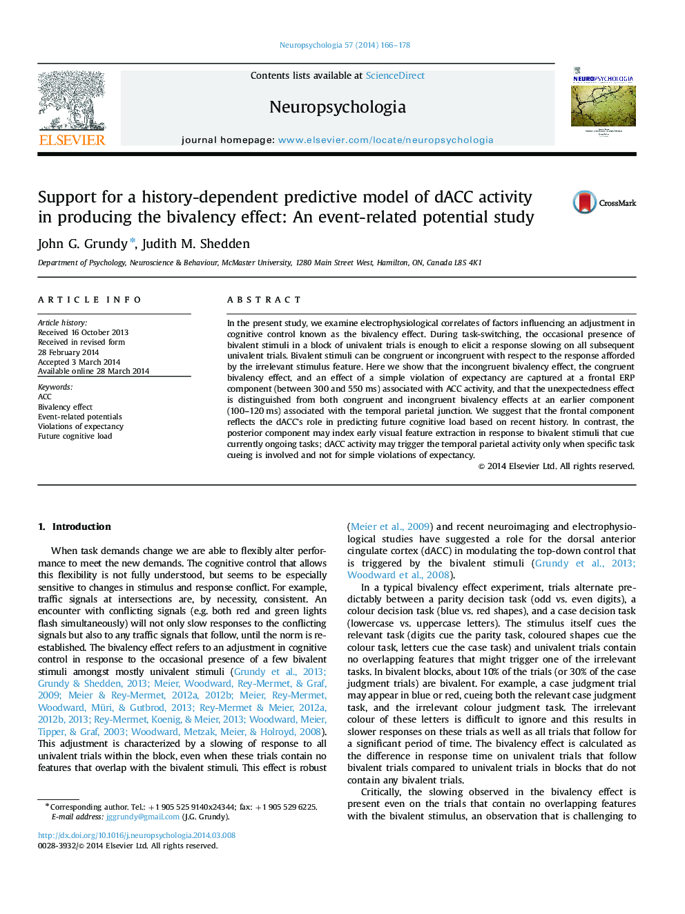 Support for a history-dependent predictive model of dACC activity in producing the bivalency effect: An event-related potential study