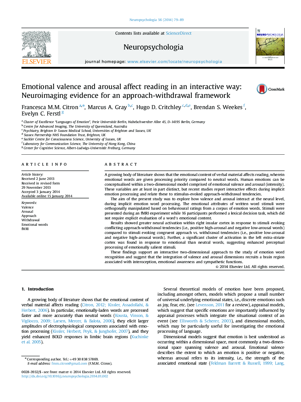 Emotional valence and arousal affect reading in an interactive way: Neuroimaging evidence for an approach-withdrawal framework