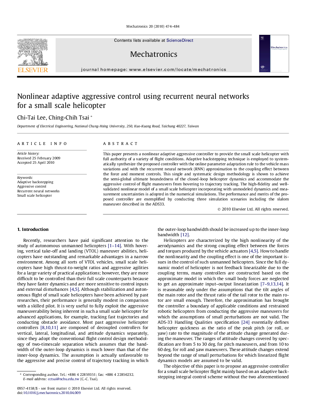 Nonlinear adaptive aggressive control using recurrent neural networks for a small scale helicopter