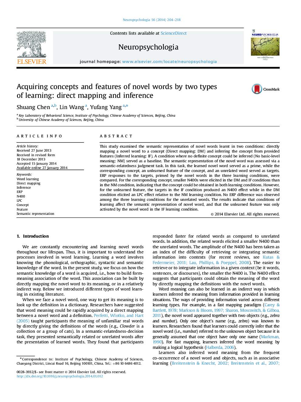 Acquiring concepts and features of novel words by two types of learning: direct mapping and inference