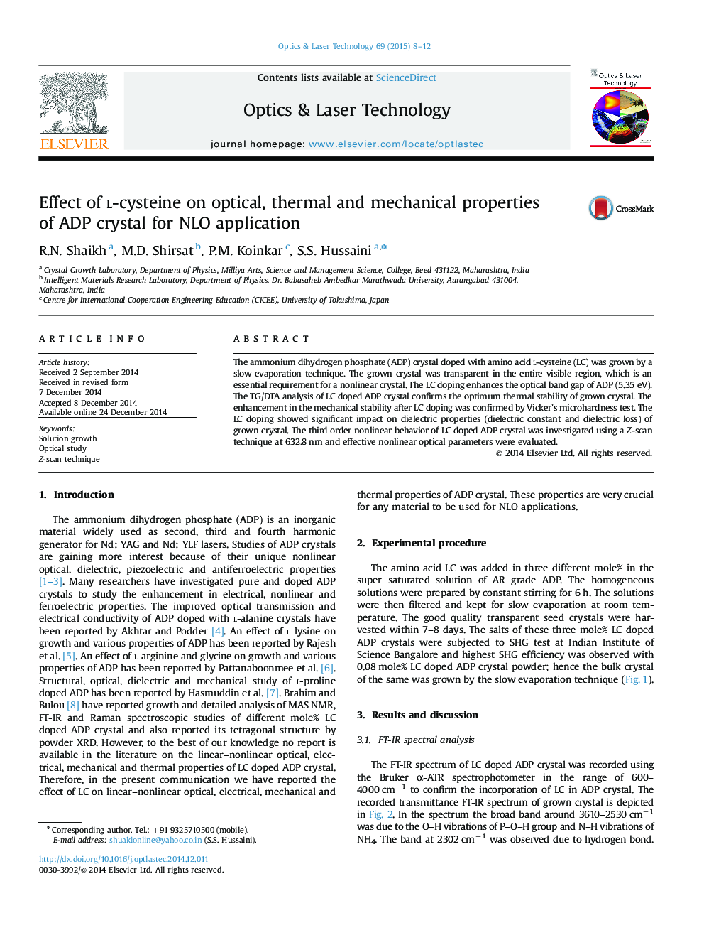 Effect of l-cysteine on optical, thermal and mechanical properties of ADP crystal for NLO application