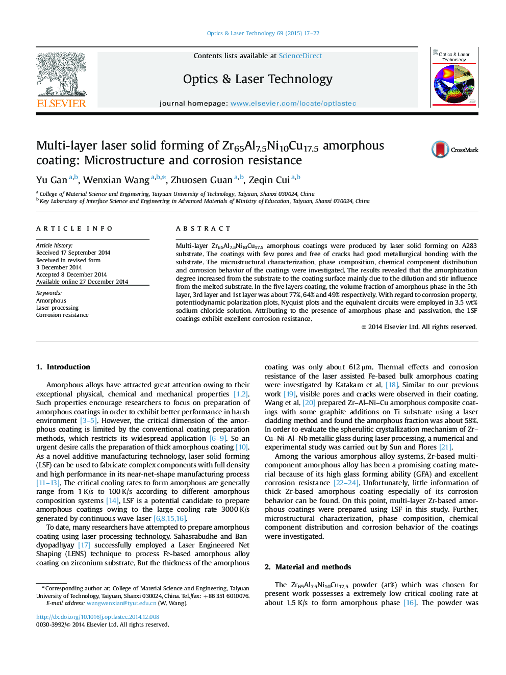 Multi-layer laser solid forming of Zr65Al7.5Ni10Cu17.5 amorphous coating: Microstructure and corrosion resistance