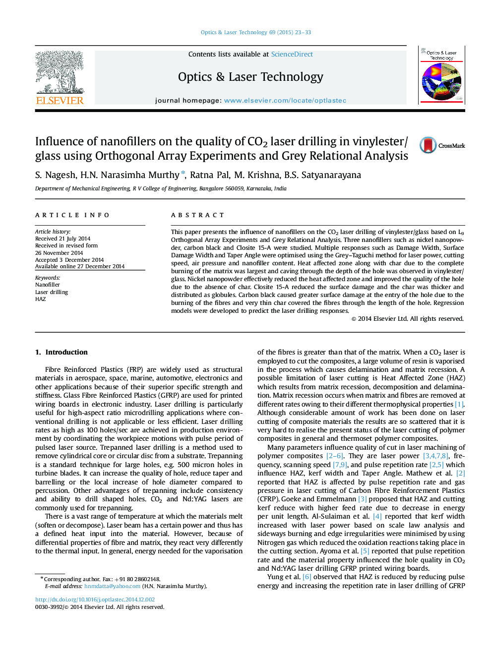 Influence of nanofillers on the quality of CO2 laser drilling in vinylester/glass using Orthogonal Array Experiments and Grey Relational Analysis