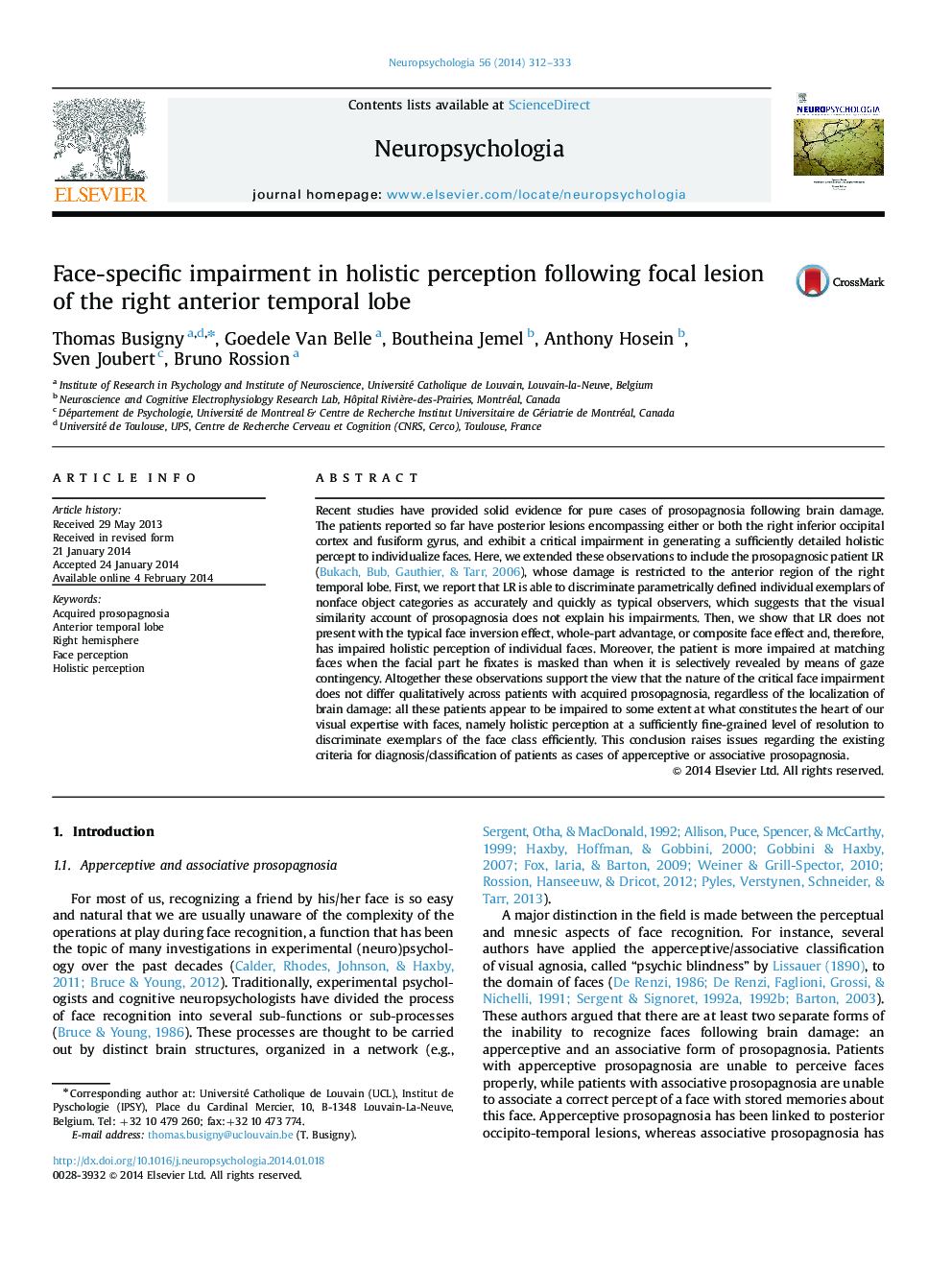 Face-specific impairment in holistic perception following focal lesion of the right anterior temporal lobe