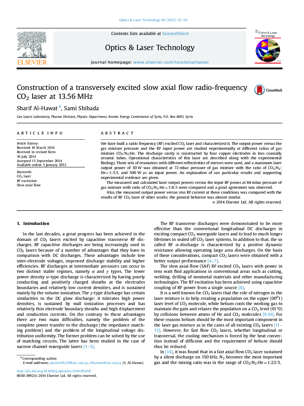 Construction of a transversely excited slow axial flow radio-frequency CO2 laser at 13.56 MHz