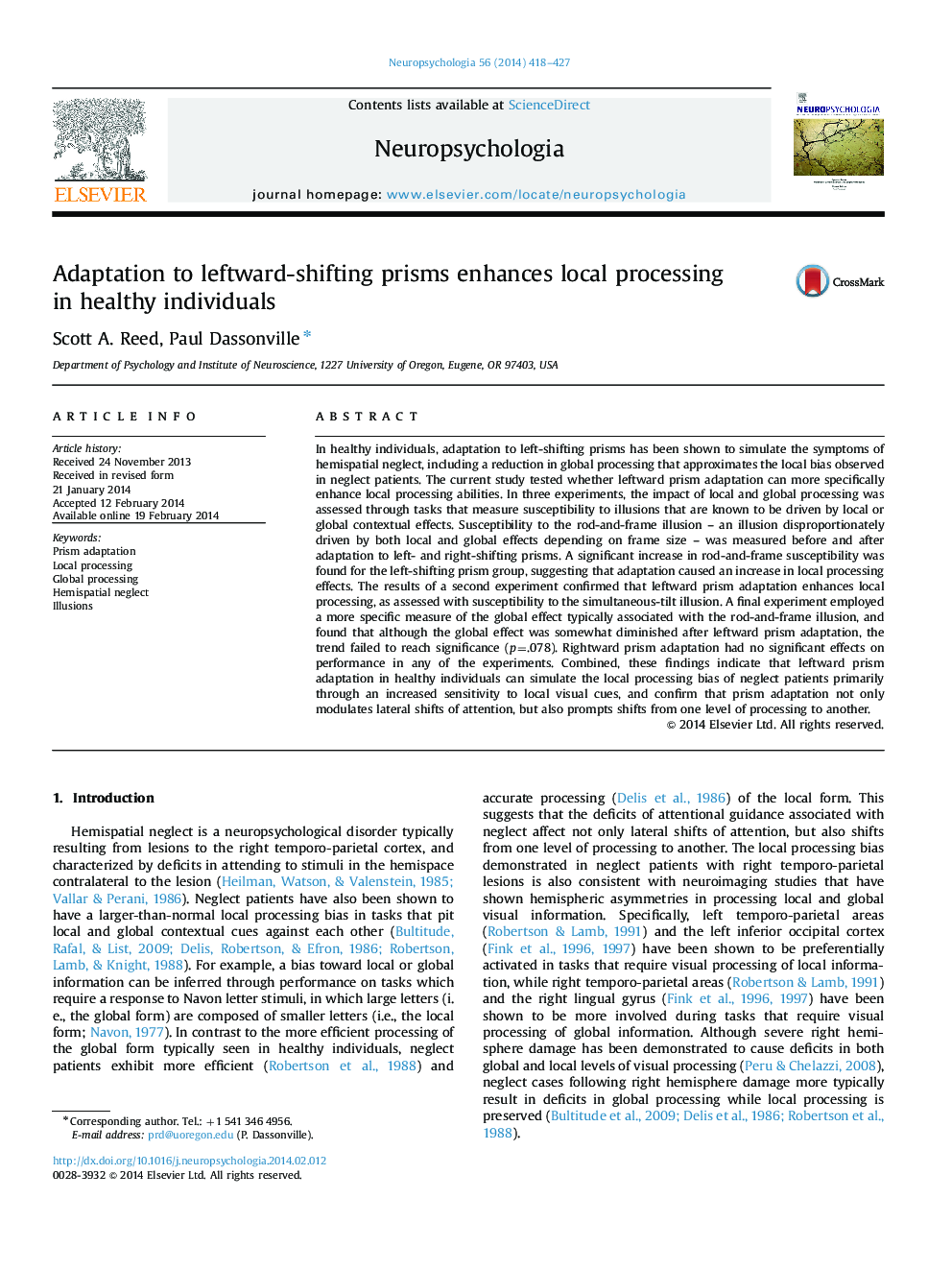 Adaptation to leftward-shifting prisms enhances local processing in healthy individuals