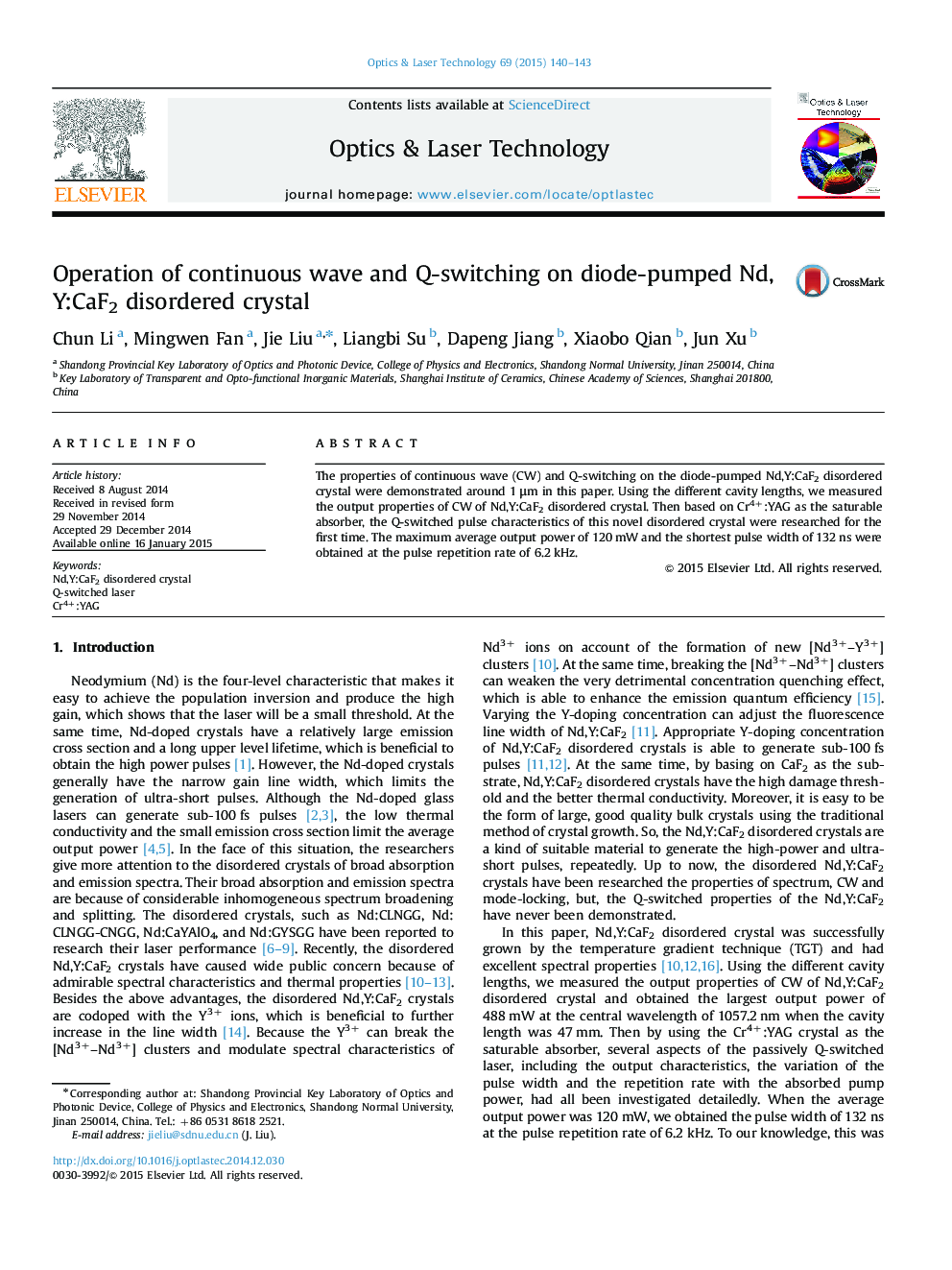 Operation of continuous wave and Q-switching on diode-pumped Nd,Y:CaF2 disordered crystal