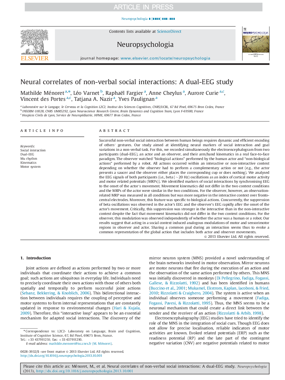 Neural correlates of non-verbal social interactions: A dual-EEG study