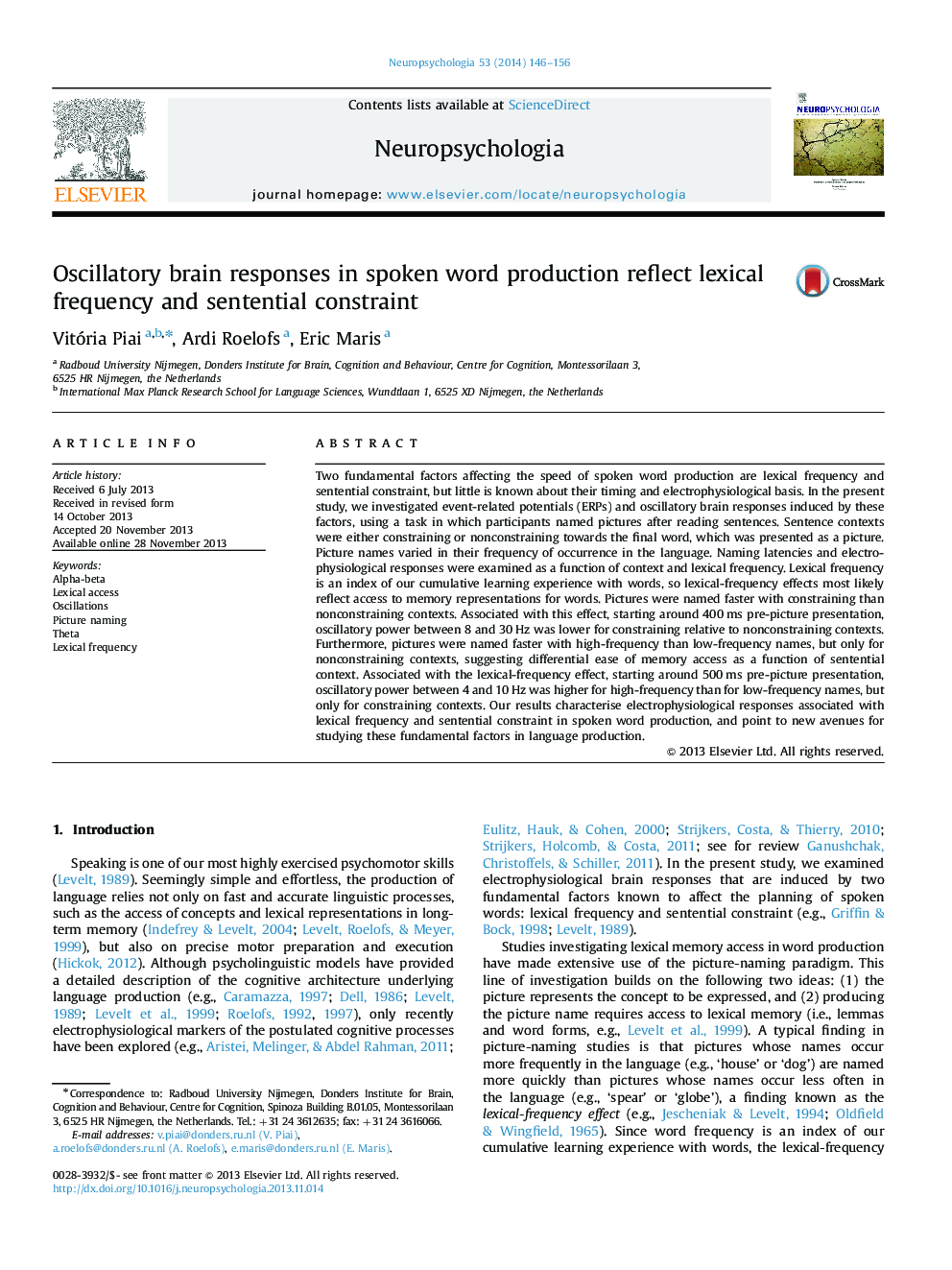 Oscillatory brain responses in spoken word production reflect lexical frequency and sentential constraint