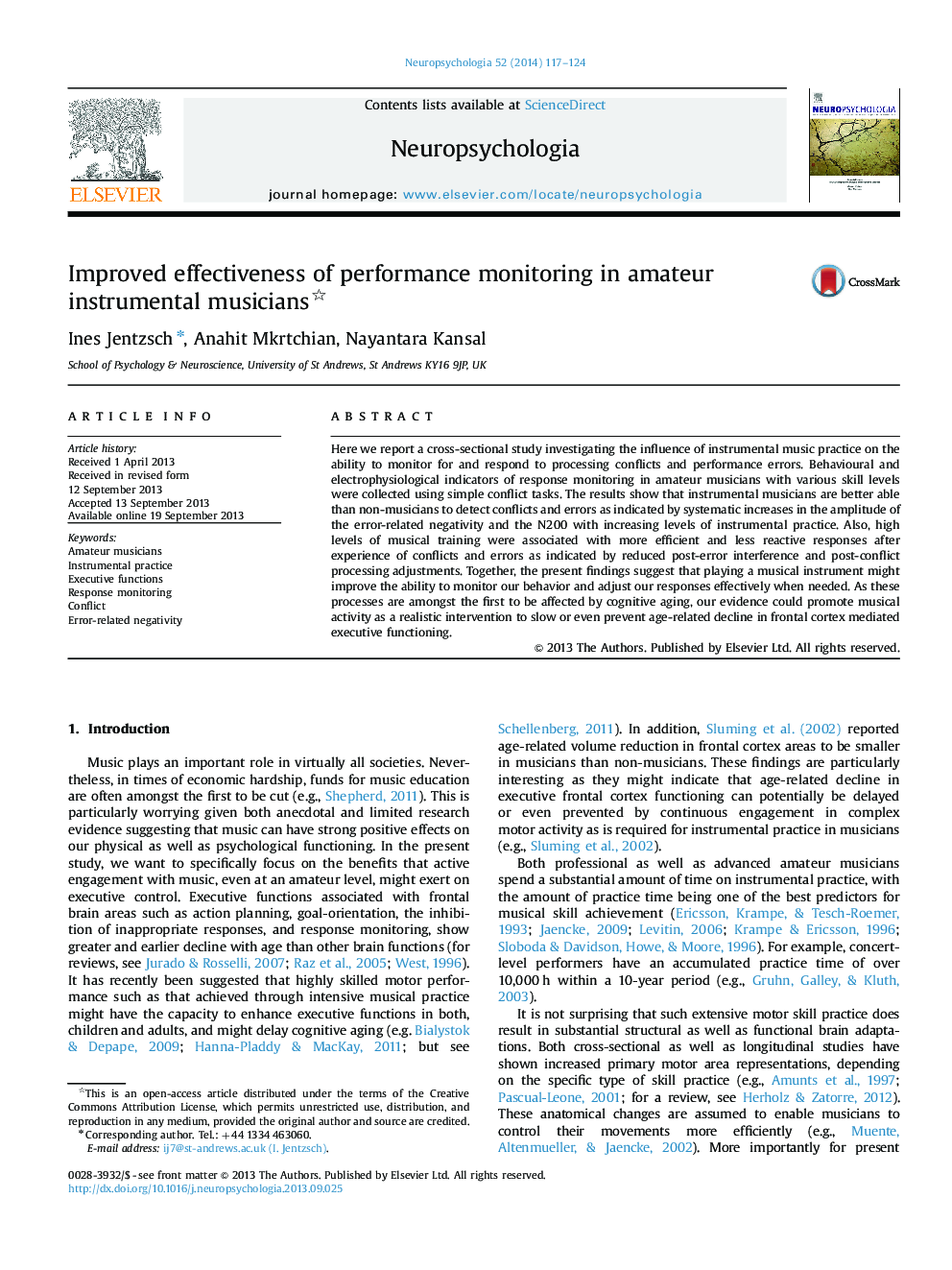 Improved effectiveness of performance monitoring in amateur instrumental musicians