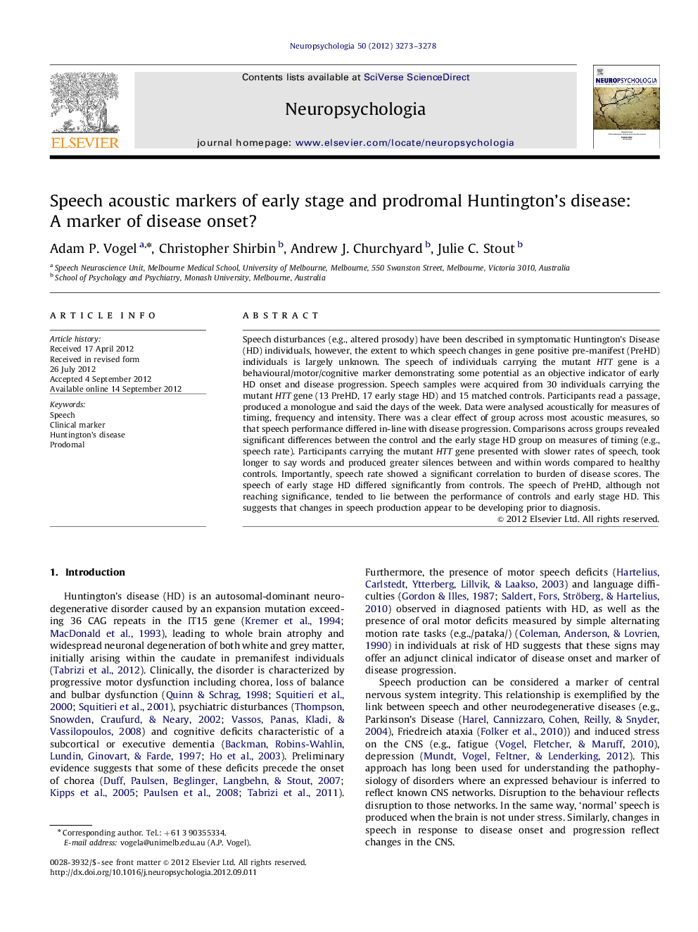 Speech acoustic markers of early stage and prodromal Huntington's disease: A marker of disease onset?