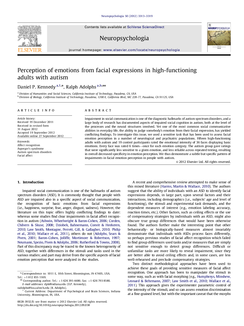 Perception of emotions from facial expressions in high-functioning adults with autism