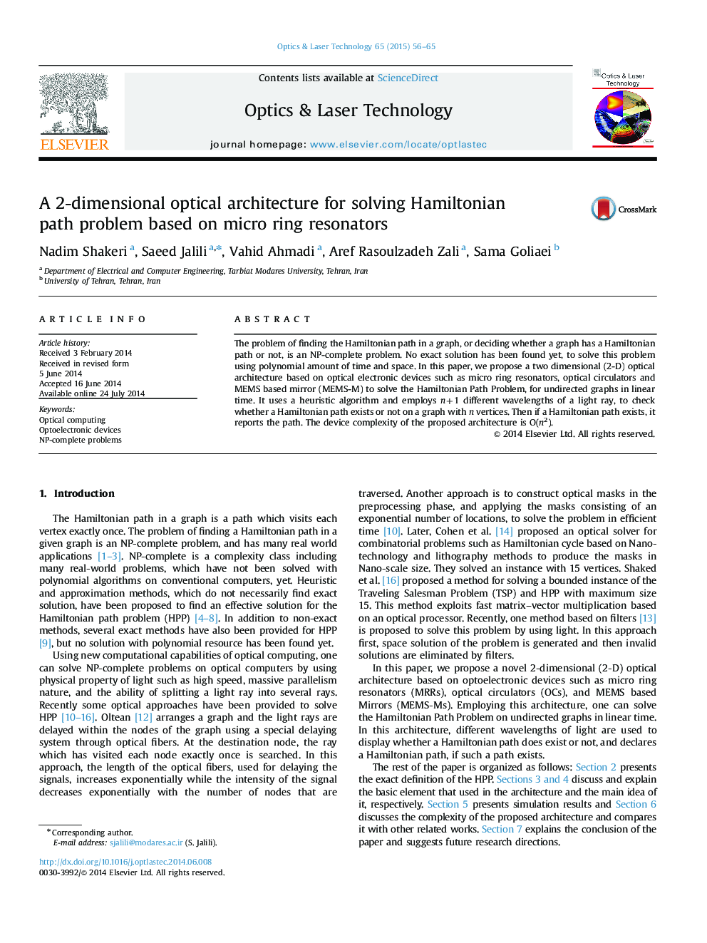 A 2-dimensional optical architecture for solving Hamiltonian path problem based on micro ring resonators