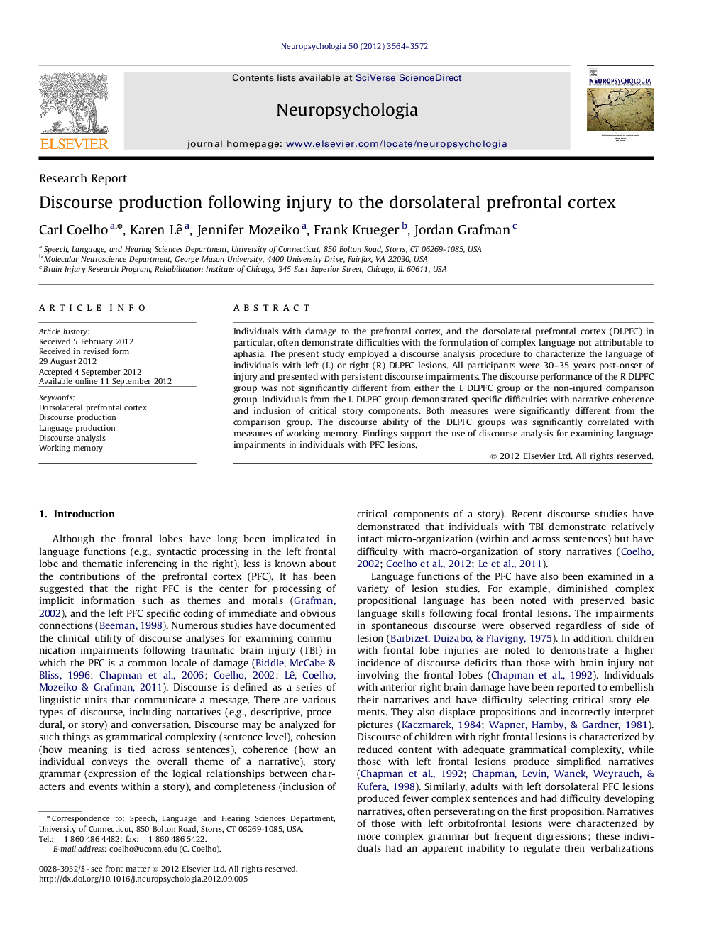 Discourse production following injury to the dorsolateral prefrontal cortex