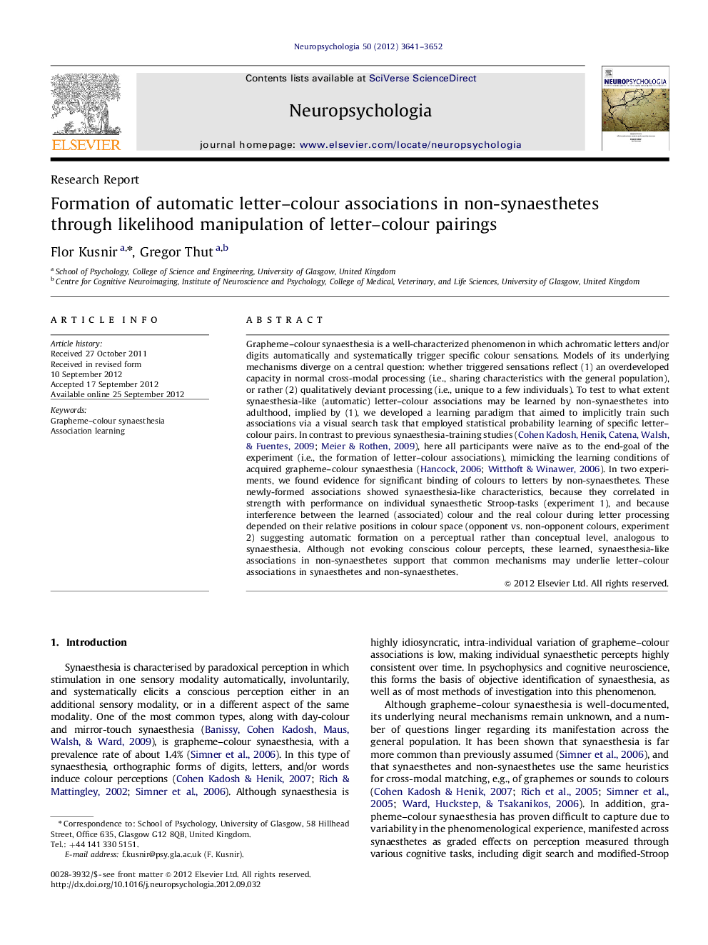 Formation of automatic letter-colour associations in non-synaesthetes through likelihood manipulation of letter-colour pairings