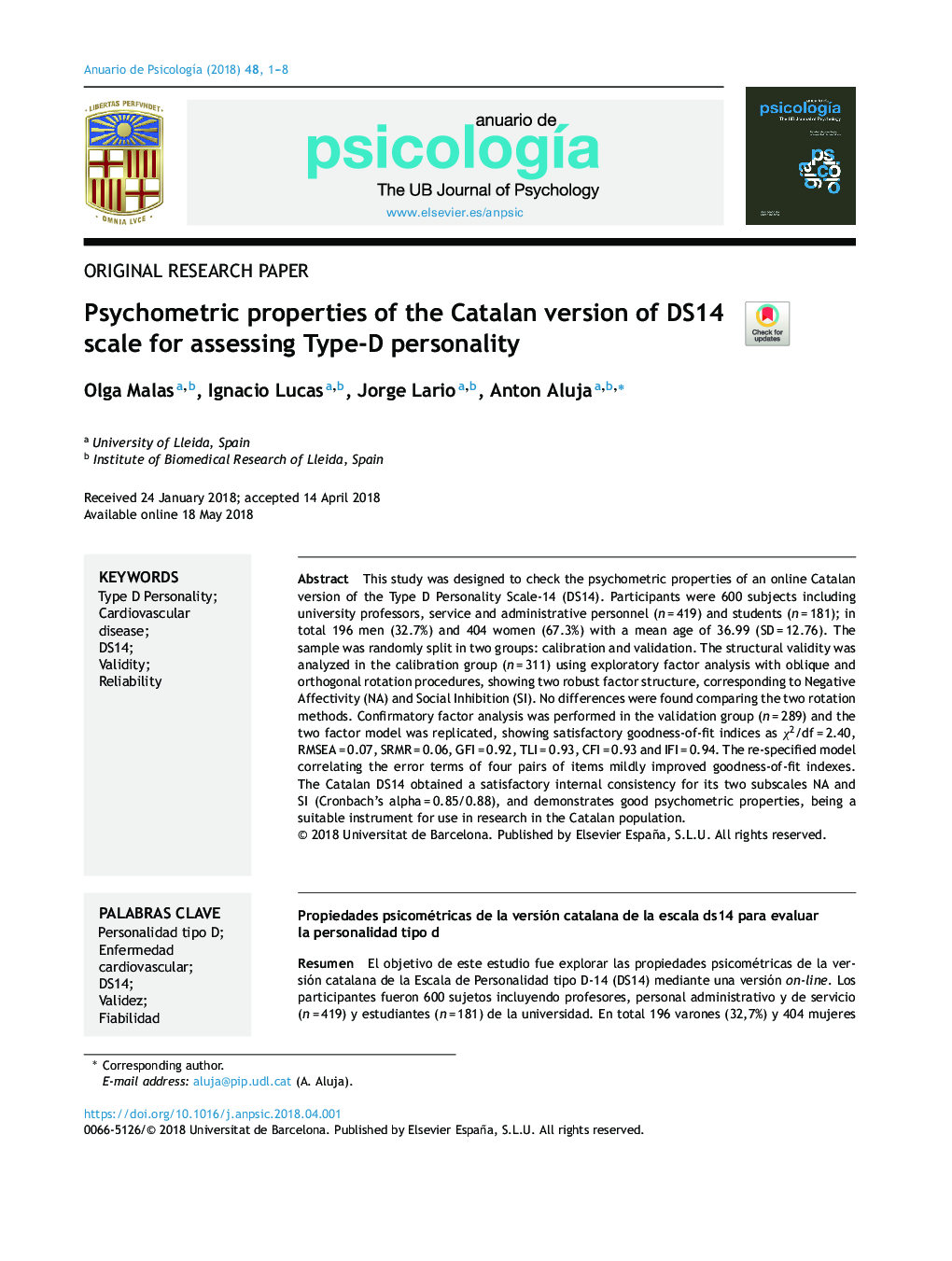 Psychometric properties of the Catalan version of DS14 scale for assessing Type-D personality