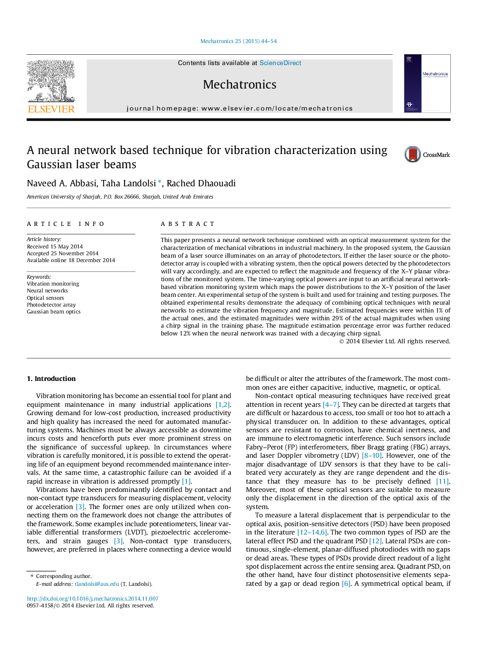 A neural network based technique for vibration characterization using Gaussian laser beams