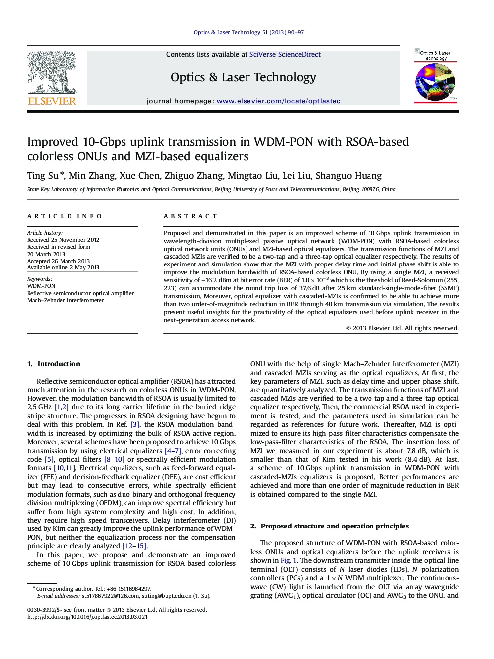 Improved 10-Gbps uplink transmission in WDM-PON with RSOA-based colorless ONUs and MZI-based equalizers